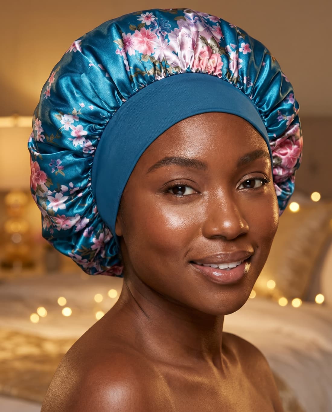Woman in a blue floral satin bonnet